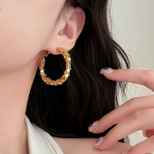 Geometric Hoop Earrings Textured Copper Jewelry For Women High-End Sparkling Commuter Fashion Gold Silver Plated