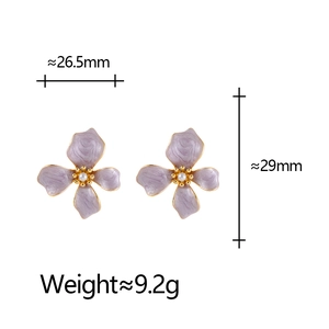 Elegant purple flower stud earrings with pearl center and golden edges on white background