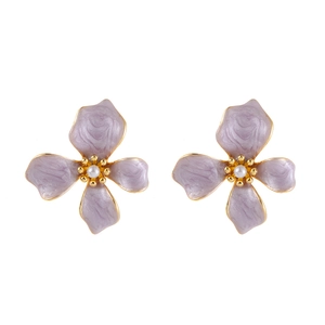 Elegant lavender enamel flower earrings with gold edges and pearl center on white base
