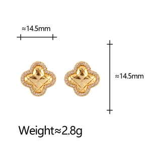 Gold four-leaf clover earrings with diamond-set edges and diamond-pattern texture
