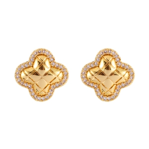 Golden clover earrings with textured rhombus pattern and sparkling zircon border
