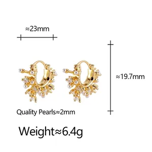 Elegant gold earrings with micro pearls and crystals, fireworks design, 23mm x 19.7mm