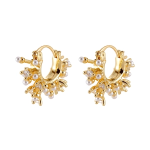 Elegant gold hoop earrings with white pearls and sparkling crystals in flower pattern