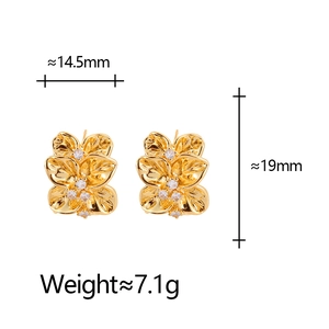 Elegant gold leaf-shaped stud earrings with sparkling white zircon in a minimalist design