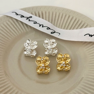 Elegant Flower Stud Earrings Copper With Zircon Inlaid Sparkling Textured Petal Gold Plated Jewelry For Women