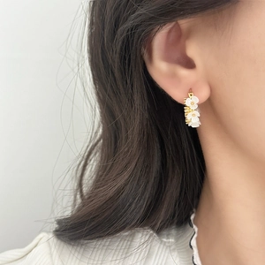 French vintage gold drop earrings with three white zircon flowers for women