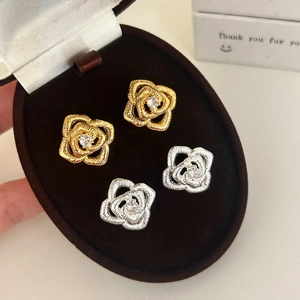 Vintage Flower Stud Earrings 18K Gold Plated Copper Cubic Zirconia Spiral Texture Elegant Retro Jewelry For Women