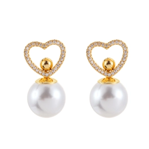 Elegant heart earrings with gold zirconia frame and dangling white pearl pendants