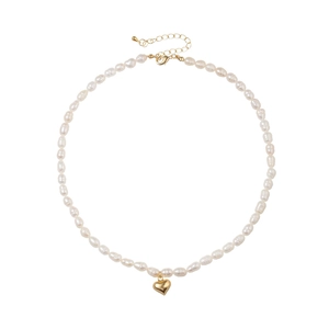 Elegant freshwater pearl necklace with a polished gold heart pendant and lobster clasp
