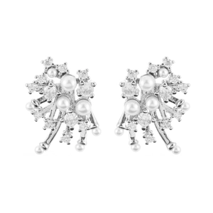 Elegant silver fireworks stud earrings featuring white pearls and sparkling crystals