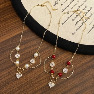 Collier Pendentif Coeur Élégant En Laiton Plaqué Or Avec Zircon Et Imitation Künstliche Perle Chaîne De Clavicule Double Couche Pour Femmes