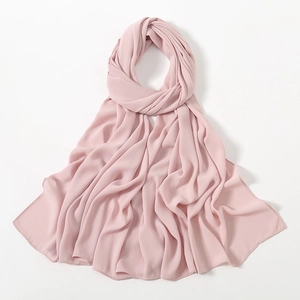 Pink solid color chiffon long hijab scarf with premium hemmed edges for women