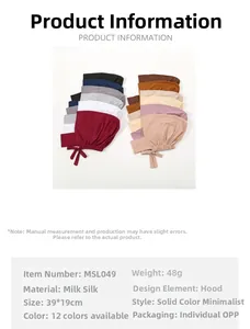 Size specifications for solid milk silk elastic hijab caps with 12 color options