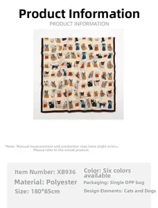 Detailed size chart for polyester long scarf featuring cute cartoon cat print motifs