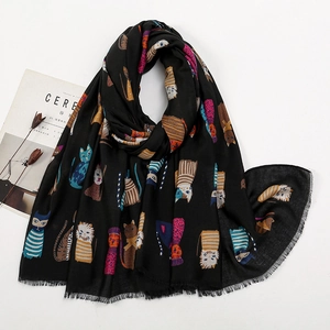 Black long scarf for women with colorful cartoon cat patterns and soft fringe edges