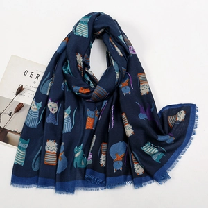 Navy blue polyester long scarf with cartoon cat prints and fringe tassels on white background