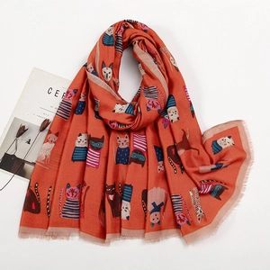 Polyester long scarf with cartoon cat patterns and fringe trim for autumn winter