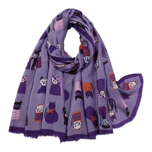 Purple polyester long scarf with cartoon cat prints and fine fringe for winter warmth