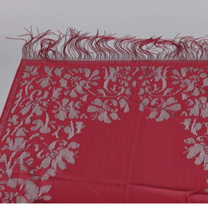 Red Malaysian long shawl with white lace flower patterns and delicate fringe tassels