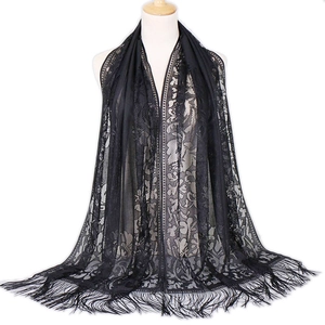 Women's Hollow Floral Lace Shawl Scarf With Tassels Long Elegant Polyester Hijab For Wedding Party Daily Wrap Scarf
