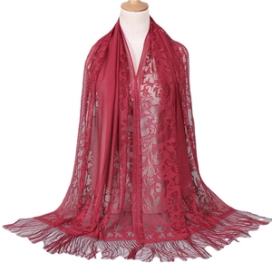 Deep red lace shawl scarf with floral hollow patterns and fringe tassels for women