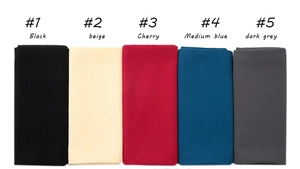 Flat lay of breathable pearl chiffon hijabs in black, beige, cherry, blue and dark grey