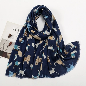 Écharpe bleu foncé effet lin avec motifs chats mignons et bords effilochés stylés