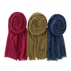Cotton Linen Scarf Long Shawl Wrap Crinkle Texture Solid Color Ethnic Retro Style Frayed Hem Large Stole