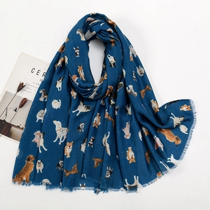 Écharpe bleu marine aspect lin avec motifs de chiens de dessin animé et fines franges