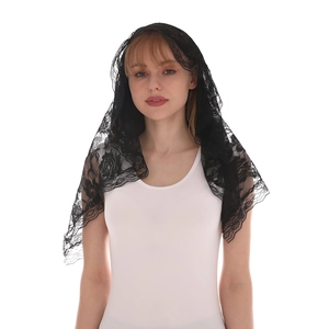 Voile de mariée élégant en dentelle noire avec broderie florale pour la messe et la prière