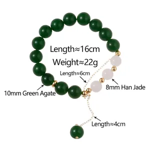 Vintage green agate and white jade beaded bracelet with adjustable gold chain link
