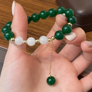 Beaded Bracelet With Green Agate And White Jade Copper Gold Plated Tassel Retro Chinese Style Jewelry For Women