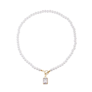 Elegant pearl necklace with square zircon pendant and golden OT clasp on white background