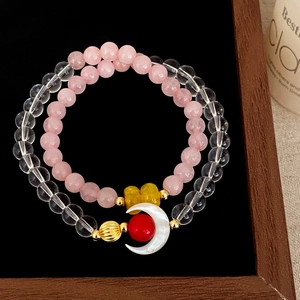 Sweet pink quartz and crystal double-layer beaded bracelet with moon pendant
