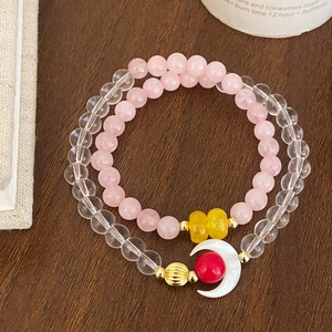 Double Layer Crystal Beaded Bracelet Pink White Stones With Shell Moon Pendant Gold Plated Copper Sweet Jewelry For Women