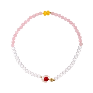 Double-layered crystal bead bracelet with pink gems and white crescent moon charm