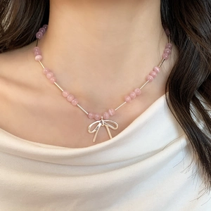Collier Pendentif Noeud Papillon Cuivre Plaqué Argent Pierre Oeil De Chat Perles Chaîne Clavicule Bijoux Doux Femme