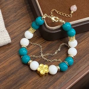 New Chinese Style Natural Stone Beaded Bracelet With Matte Gold Copper Flower Pendant Layered Chain Jewelry For Women