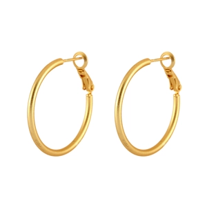 Macro detail of large gold hoop earrings featuring a matte finish and secure lever back closure