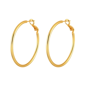 Macro detail of large gold matte hoop earrings with secure pin-style clasp closure