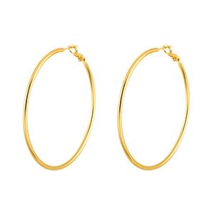 Polished gold large hoop earrings with classic clasp closure on a plain white background