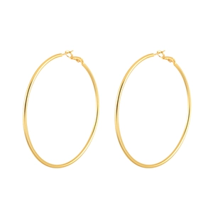 Detailed close-up of high-polish large gold hoop earrings with secure needle clasp
