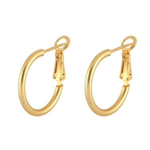 Minimalist matte gold hoop earrings with smooth hinged closure on white background