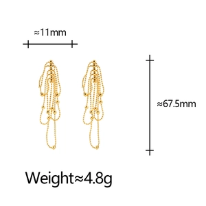Elegant gold fringe tassel earrings showing product dimensions 11mm width and 67.5mm length