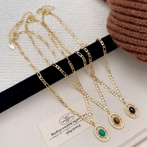 Natural Stone Pendant Necklace French Retro Gold Plated Figaro Chain Copper Jewelry For Women Minimalist Statement