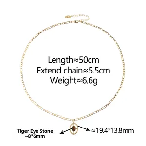 Detail of tiger eye pendant on a gold Figaro chain with dimensions and weight labels