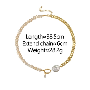 Baroque freshwater pearl and gold chain necklace detail with size and weight specs