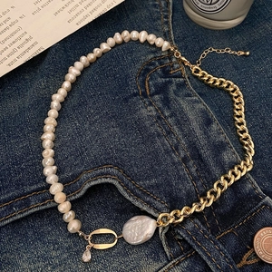 French style baroque pearl necklace with golden cuban chain and zircon pendant