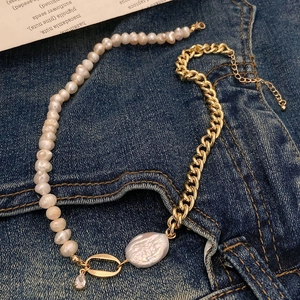 Asymmetric Necklace With Natural Freshwater Pearl And Gold Plated Copper Chain Zircon Pendant For Women