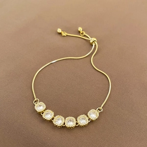 Elegant Copper Cubic Zirconia Bolo Bracelet For Women Adjustable Slide Buckle Geometric Square Halo Design Golden
